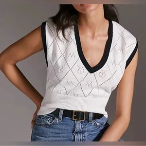 Maeve Anthropologie Violette Icon Logo Vest, Black & White Cotton Blend, Sz - M